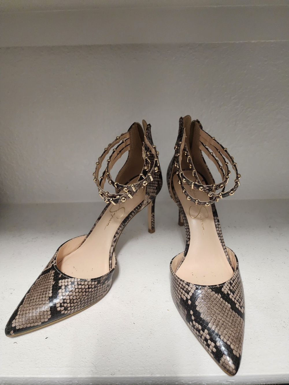 Jessica Simpson Pointed Toe Snake-Print Ankle-Strap Heels in Taupe